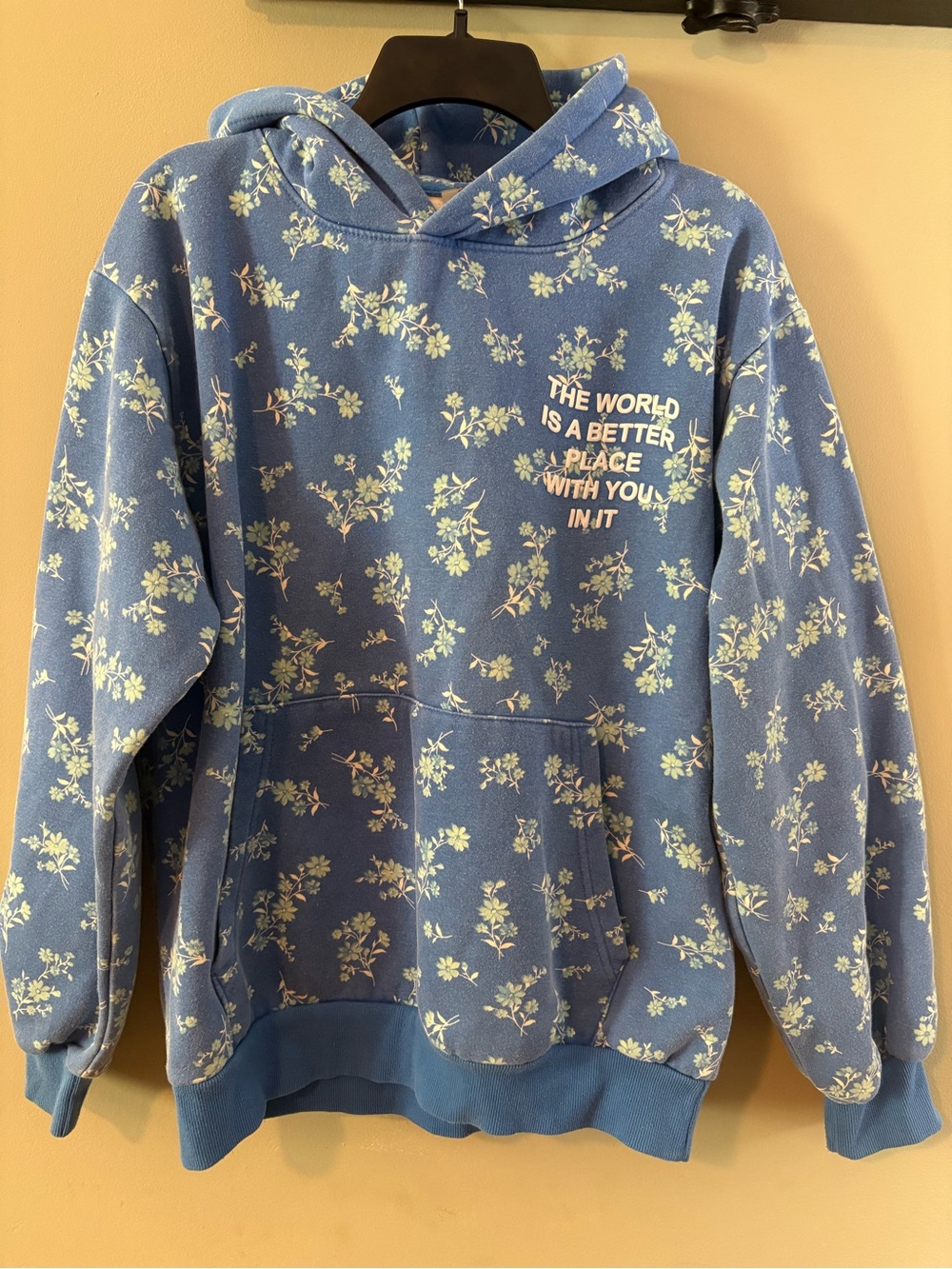Blue Floral Hoodie Sweatshirt with Positive Slogan